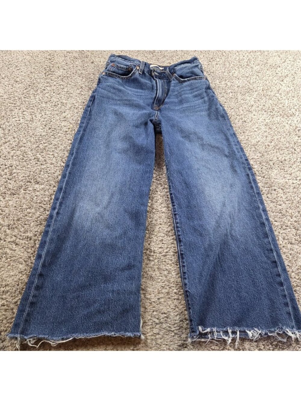 Levis Jeans Womens 28 Blue Ribcage Wide Leg Ankle Cut Raw Hem Dark Wash